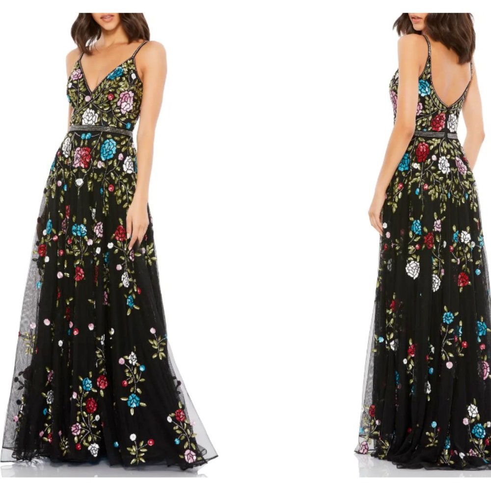 MAC DUGGAL FLORAL EMBELLISHED A-LINE BLACK MUlTI COLOR GOWN sz 8